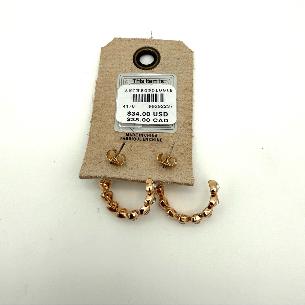 NWT New Anthropologie Gold Hoop Earrings Yellow Gold Hearts Jewelry Accessories - Picture 2 of 4